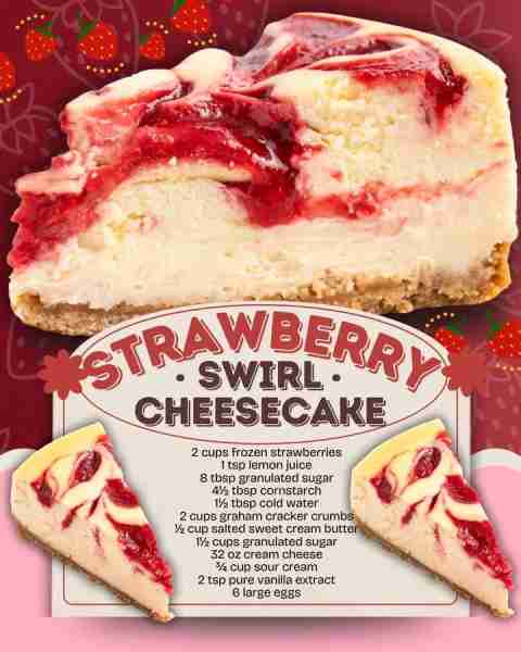 STRAWBERRY SWIRL CHEESECAKE! 🍓 2 cups frozen strawberries 1 tsp lemon juice 8 tbsp granulated sugar...