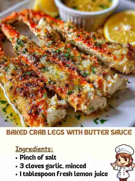Baked Crab Legs with Butter Sauce Ingredients Pinch of salt 3 cloves garlic, minced 1 tablespoon fre...