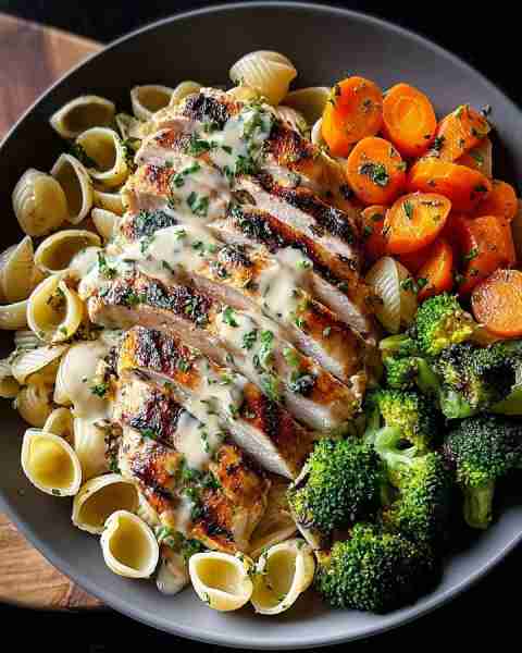 🌟 Creamy Garlic Grilled Chicken Pasta Bowl 🧄🍗🥦 Prep time: 15 minutes Cook time: 25 minutes Servi...