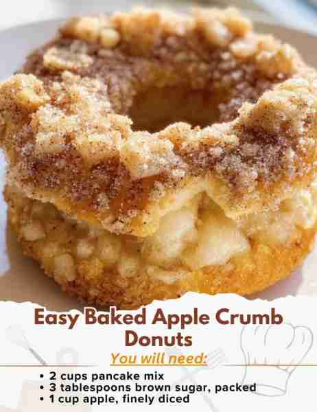 Easy Baked Apple Crumb Donuts Ingredients: Apple Donut: - 2 cups pancake mix - 3 tablespoons brown s...