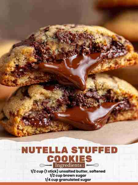 Nutella Stuffed Cookies Ingredients: 1/2 cup (1 stick) unsalted butter, softened 1/2 cup brown sugar...