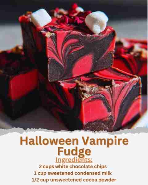 Halloween Vampire Fudge Ingredients: - 2 cups white chocolate chips - 1 cup sweetened condensed milk...