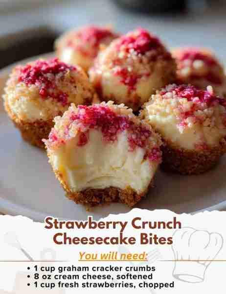 Strawberry Crunch Cheesecake Bites Ingredients: - 1 cup graham cracker crumbs - 2 tablespoons sugar...
