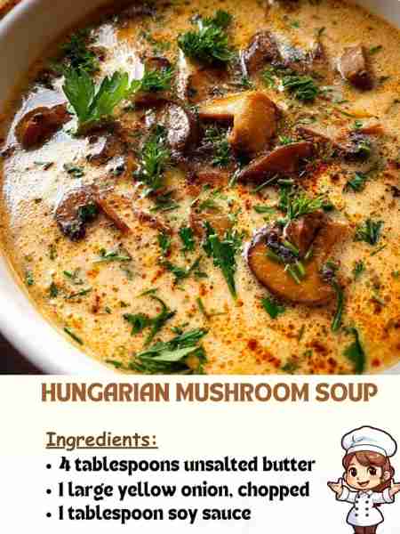 Hungarian Mushroom Soup Ingredients 4 tablespoons unsalted butter 1 large yellow onion, chopped 1 ta...