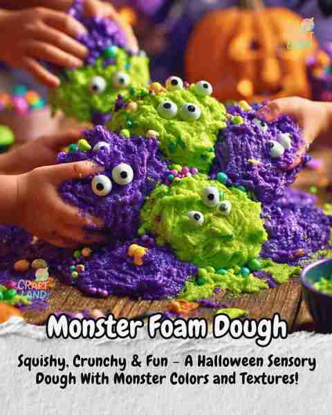Monster Foam Dough Ingredients: - 2 cups cornstarch - 1 cup shaving cream (foamy, not gel) - 1/2 cup...