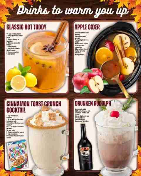 DRINKS TO WARM YOU UP DRINK 🍁 CLASSIC HOT TODDY: ½ cup boiling water 2 tbsp squeezed lemon juice 4...