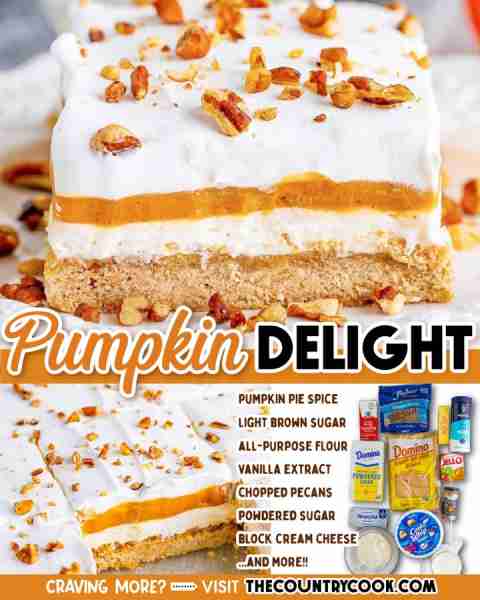 Pumpkin Delight is a deliciously easy four layer dessert made with a buttery pecan crust, a cheeseca...