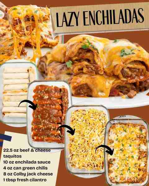 LAZY ENCHILADAS! 🥘 22.5 oz beef & cheese taquitos 🥘 10 oz enchilada sauce 🥘 4 oz can of mild dice...