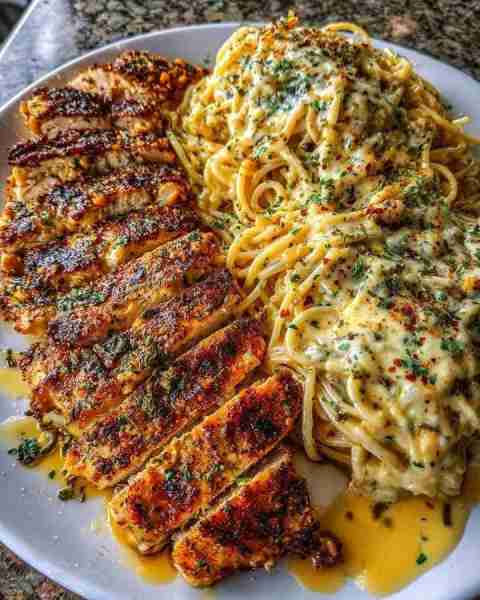 Garlic Parmesan Chicken Spaghetti in Spicy Three-Cheese Cajun Cream Sauce Ingredients: 2 large bonel...