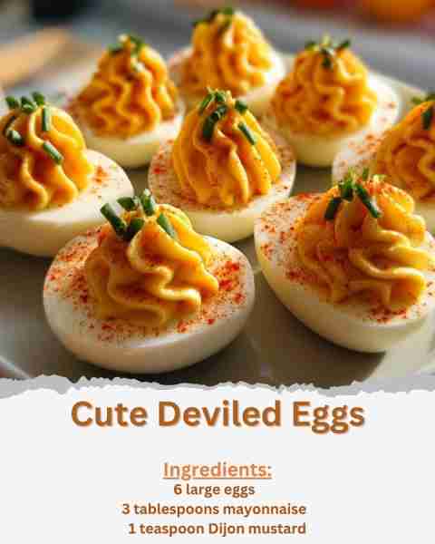 Cute Deviled Eggs Ingredients: - 6 large eggs - 3 tablespoons mayonnaise - 1 teaspoon Dijon mustard...