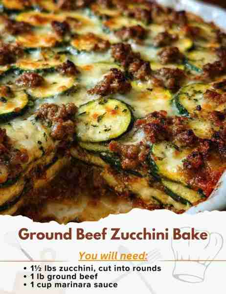 Ground Beef Zucchini Bake Ingredients: - 1½ lbs zucchini, cut into rounds, salted and patted dry -...