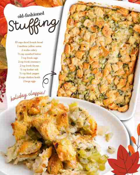 CLASSIC STUFFING -- packed with herbs & rich flavor! INGREDIENTS ⬇️ 10 cups diced French bread (or s...