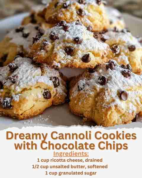 Dreamy Cannoli Cookies with Chocolate Chips Ingredients: - 1 cup ricotta cheese, drained - 1/2 cup u...