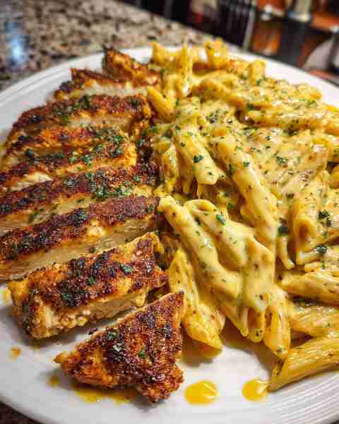Garlic Butter Alfredo Chicken with Cheesy Penne Pasta Ingredients: 1 pound penne pasta 2 tablespoons...