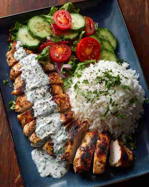 🥗 Grilled Chicken with Herbed Yogurt Sauce, Rice & Cucumber-Tomato Salad 🍗🍚🥒 Prep time: 15 minut...