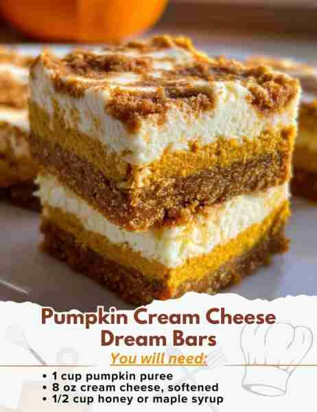 Pumpkin Cream Cheese Dream Bars Ingredients: - 1 cup pumpkin puree - 8 oz cream cheese, softened - 1...