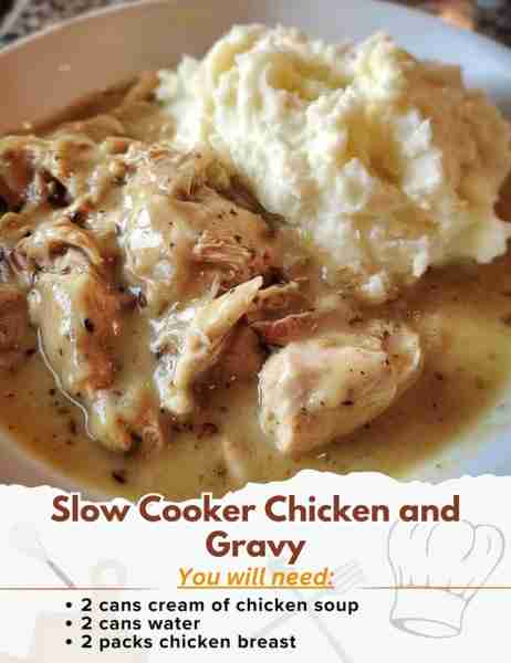 Slow Cooker Chicken and Gravy Ingredients: - 2 cans cream of chicken soup - 2 cans water (use the em...