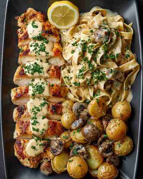 🍋 Creamy Chicken with Garlic Mushroom Pasta & Roasted Baby Potatoes 🍗🍝🥔 Prep time: 20 minutes Co...