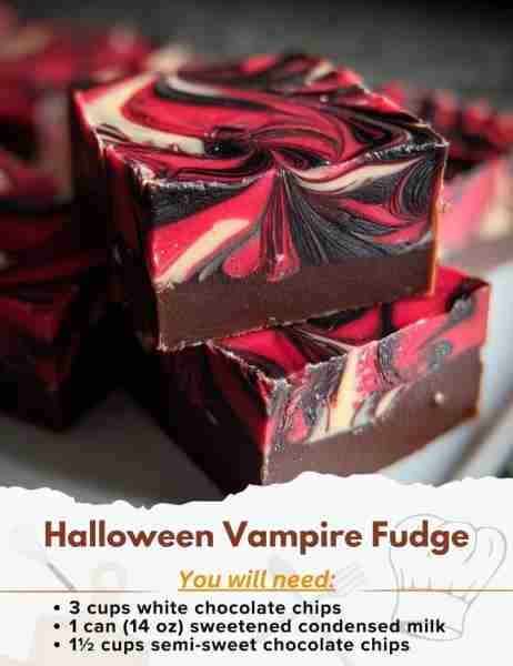 Halloween Vampire Fudge Ingredients: - 3 cups white chocolate chips - 1 can (14 oz) sweetened conden...