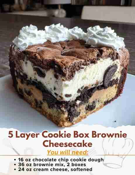 5 Layer Cookie Box Brownie Cheesecake Ingredients: - 16 oz chocolate chip cookie dough, room tempera...