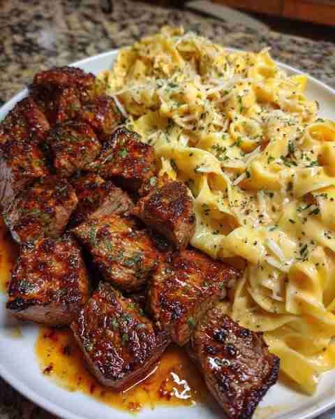 Steak Tips with Fettuccine in Parmesan Cheddar-Cajun Sauce Ingredients: 1 ½ lbs sirloin or ribeye st...