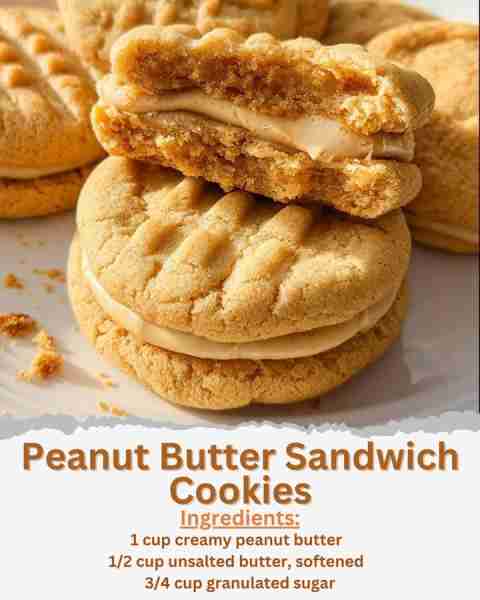 Peanut Butter Sandwich Cookies Ingredients: - 1 cup creamy peanut butter - 1/2 cup unsalted butter,...