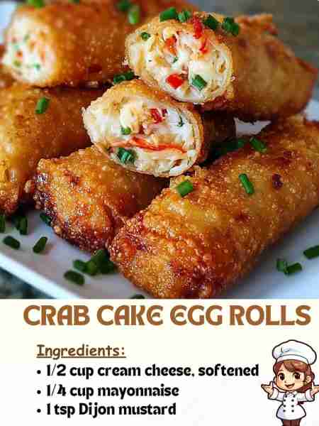 Crab Cake Egg Rolls Ingredients ½ cup cream cheese, softened ¼ cup mayonnaise 1 tsp Dijon mustard ....