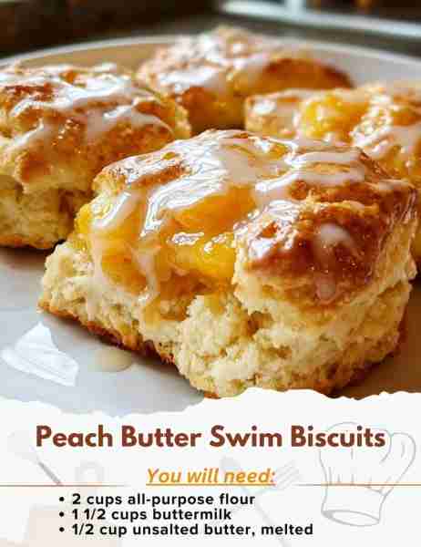 Peach Butter Swim Biscuits Ingredients: - 2 cups all-purpose flour - 1 tablespoon baking powder - 1...