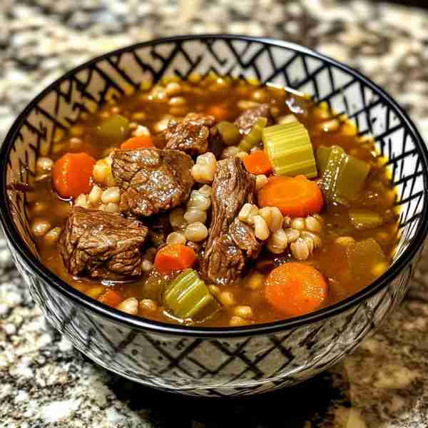 Hearty Beef and Barley Soup Ingredients: - 1 lb stew beef, cut into bite-sized pieces - 1 cup pearl...