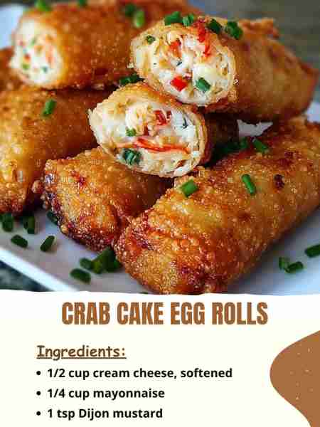 Crab Cake Egg Rolls Ingredients ½ cup cream cheese, softened ¼ cup mayonnaise 1 tsp Dijon mustard ....