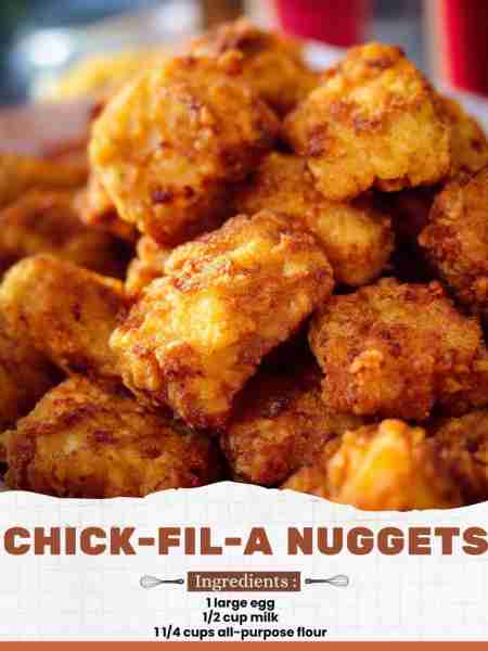 Chick-fil-A Nuggets Ingredients: 1 large egg 1/2 cup milk 1 1/4 cups all-purpose flour