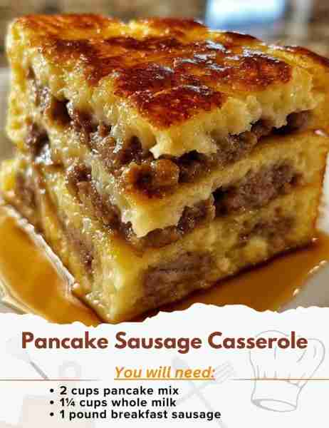 Pancake Sausage Casserole Ingredients: - 2 cups pancake mix - 1¼ cups whole milk - 1 large egg - 1 p...