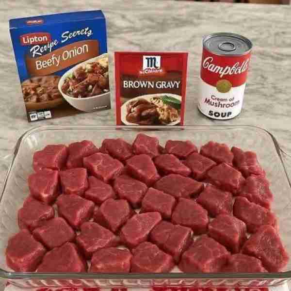 No-Peek Beef Tips Ingredients- 2 lbs stew meat 1 can cream of mushroom soup 1 packet brown gravymix...