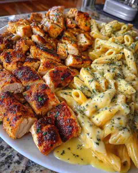 Cheesy Garlic Cajun Chicken with Penne in Alfredo Sauce Ingredients: 1 pound penne pasta 2 boneless,...