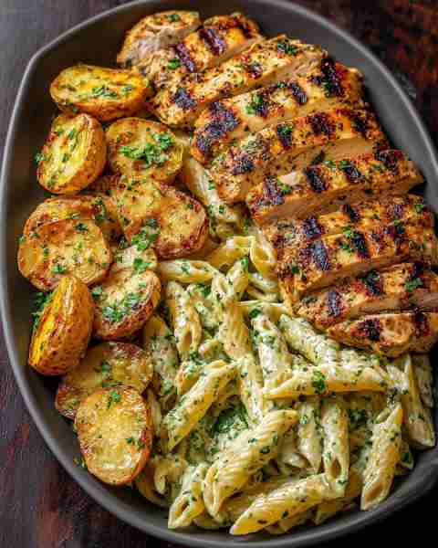 Ultimate Creamy Spinach Pasta with Grilled Chicken & Garlic Potatoes 🍗🧄🍝 Prep time: 20 minutes Co...
