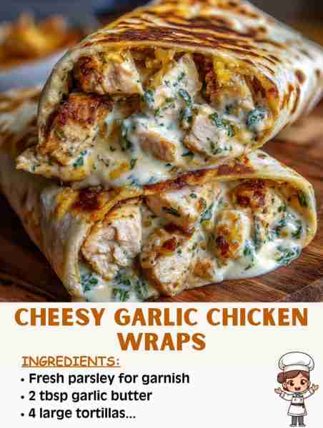 🌯🧄 Cheesy Garlic Chicken Wraps – Quick, Flavorful, and Comforting! Ingredients: 2 cups cooked chic...