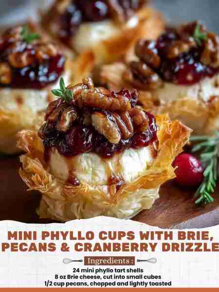 Mini Phyllo Cups with Brie, Pecans & Cranberry Drizzle Ingredients: 24 mini phyllo tart shells 8 oz...