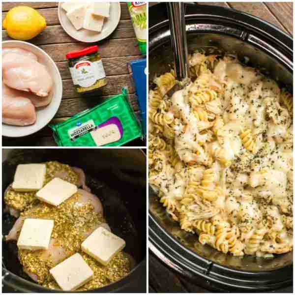 Slow Cooker Pesto Mozzarella Chicken Pasta Ingredients ▢1 1/2 lbs. chicken breasts, (1.5-2 pounds wo...