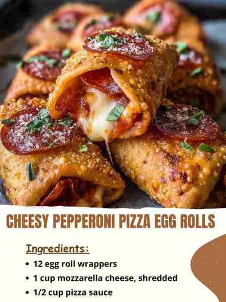 Cheesy Pepperoni Pizza Egg Rolls Ingredients 12 egg roll wrappers 1 cup mozzarella cheese, shredded...
