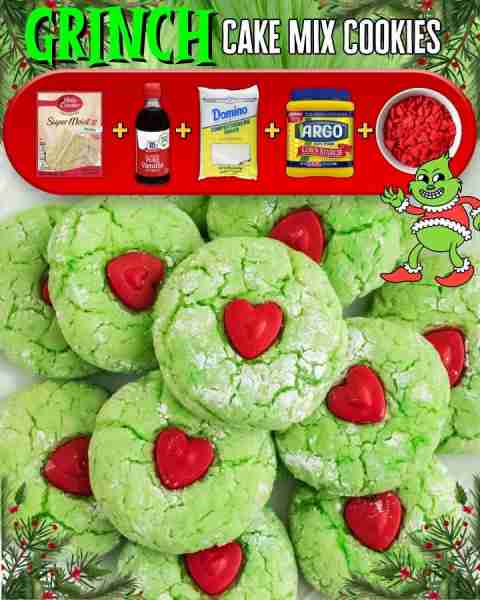 GRINCH CAKE MIX COOKIES! 1 box vanilla cake mix ⅓ cup vegetable oil 2 eggs ½ teaspoon vanilla Green...