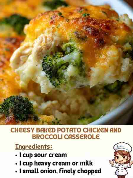 Cheesy Baked Potato Chicken and Broccoli Casserole Ingredients 1 cup sour cream 1 cup heavy cream o...
