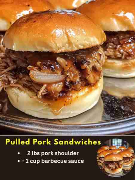 Pulled Pork Sandwiches Ingredients: - 2 lbs pork shoulder - 1 cup barbecue sauce - 1 onion, sliced -...