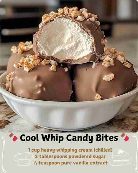 🍫 Cool Whip Candy Bites 🍫 Ingredients: 1 cup heavy whipping cream (chilled) 2 tablespoons powdered...