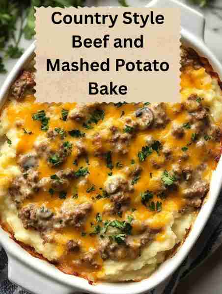 Country Style Beef and Mashed Potato Bake Ingredients: - 1 pound ground beef - 1 onion, diced - 2 cl...