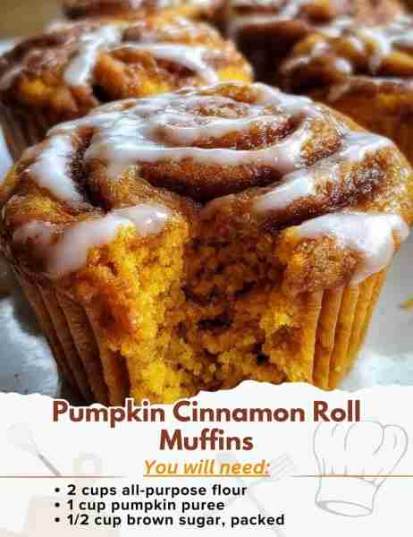 Pumpkin Cinnamon Roll Muffins Ingredients: - 2 cups all-purpose flour - 1/2 cup granulated sugar -...