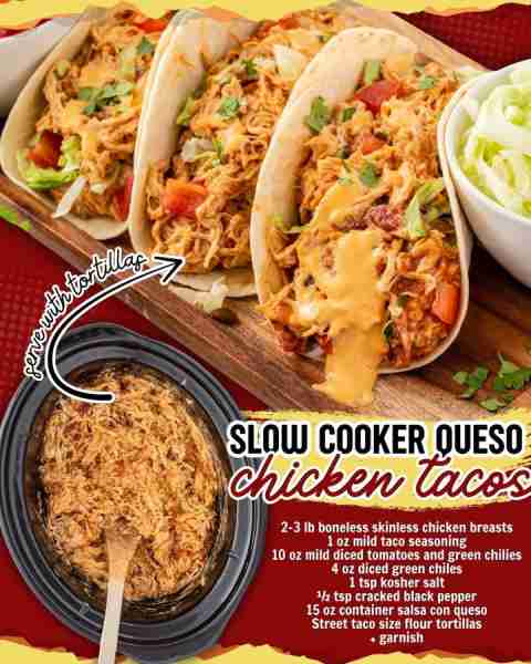 SLOW COOKER QUESO CHICKEN TACOS!🌮 2-3 lb chicken breasts 1 oz taco seasoning 10 oz can tomatoes & g...