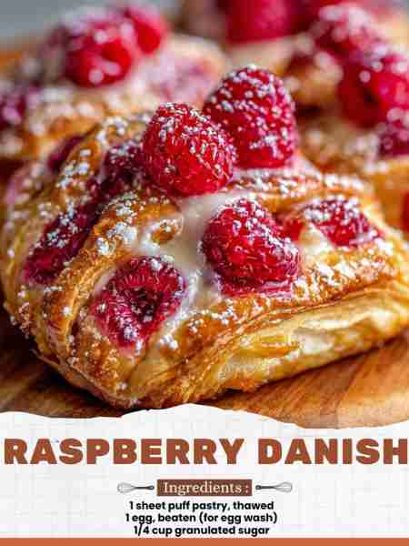 Raspberry Danish Ingredients: 1 sheet puff pastry, thawed 1 egg, beaten (for egg wash) 1/4 cup granu...