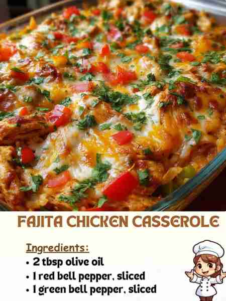 Fajita Chicken Casserole Ingredients 2 tbsp olive oil 1 red bell pepper, sliced 1 green bell pepper...