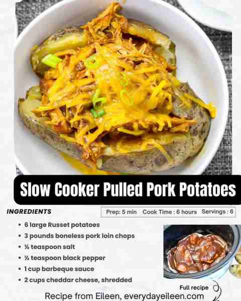 Slow Cooker Pulled Pork Stuffed Potatoes. Layer pork with BBQ sauce, topped with baked potatoes, and...