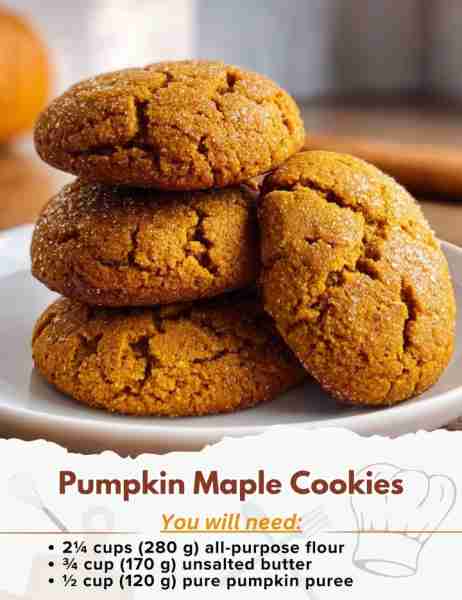 Pumpkin Maple Cookies Ingredients: - 2¼ cups (280 g) all-purpose flour - 1 teaspoon (5 g) baking sod...